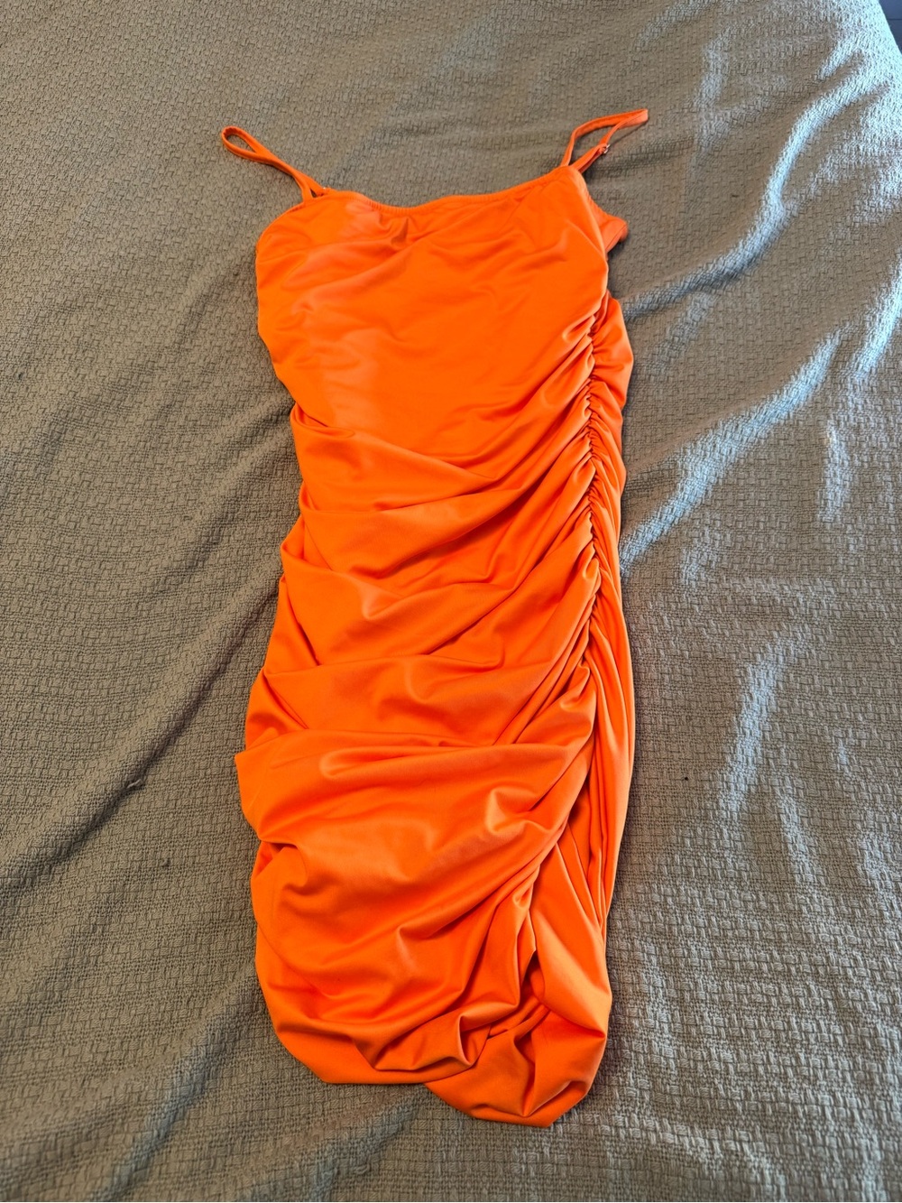 Orange Ruched Spaghetti Strap Dress - Unbranded